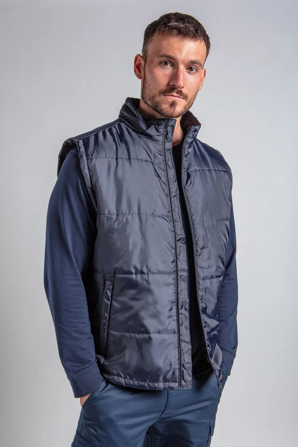 Custom printed padded gilet with company logo for workwear